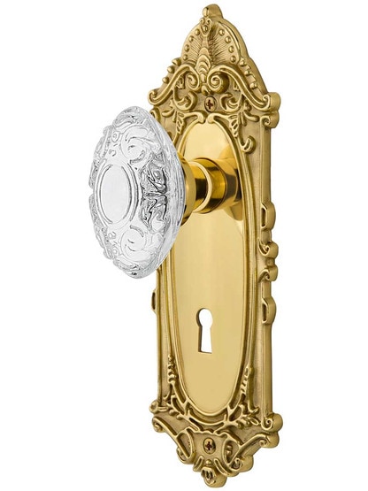 Victorian Door Set with Keyhole and Matching Crystal-Glass Knobs in Polished Brass.